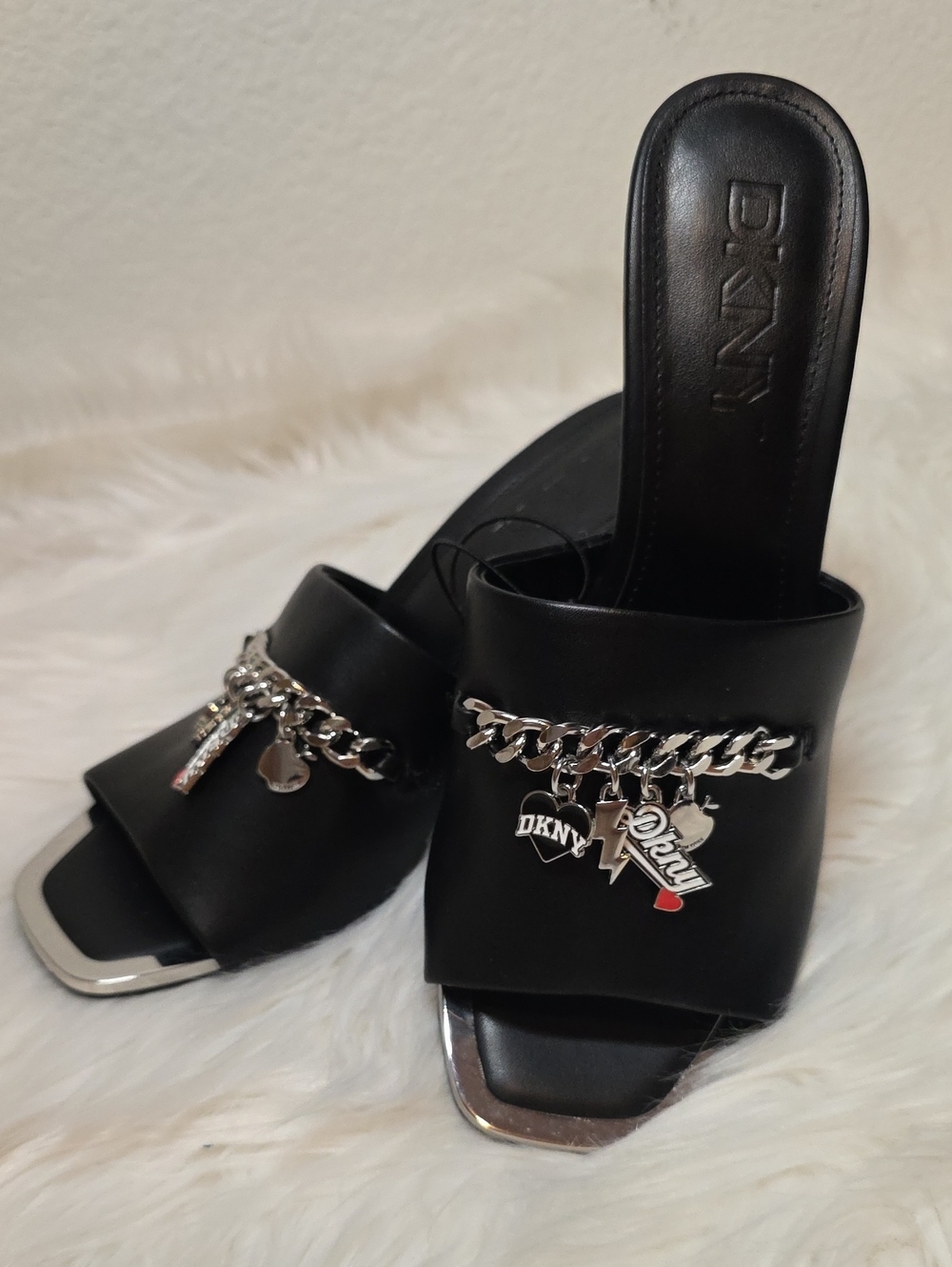 DKNY Black Leather Chain Charm Slide Mules